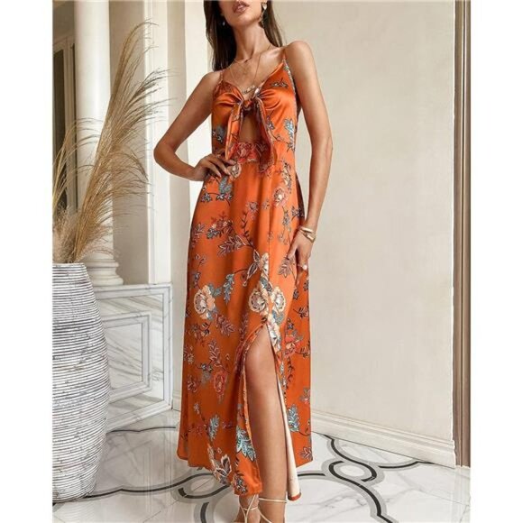 Dresses & Skirts - Orange Floral Print Satin Tie Front Cami A-Line Dress‎ Flowy Midi Party Dress